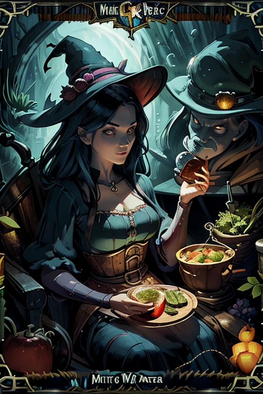 Trading card of [Witch Brewing Potion], [Arte Digital], [Estilo Cartunesco], [Morgana CartoonArt], [Artistation], [Cartoonish resolution], [Vivid and charming colors], [Fun lighting], [Lente wide-angle para abranger a cena]