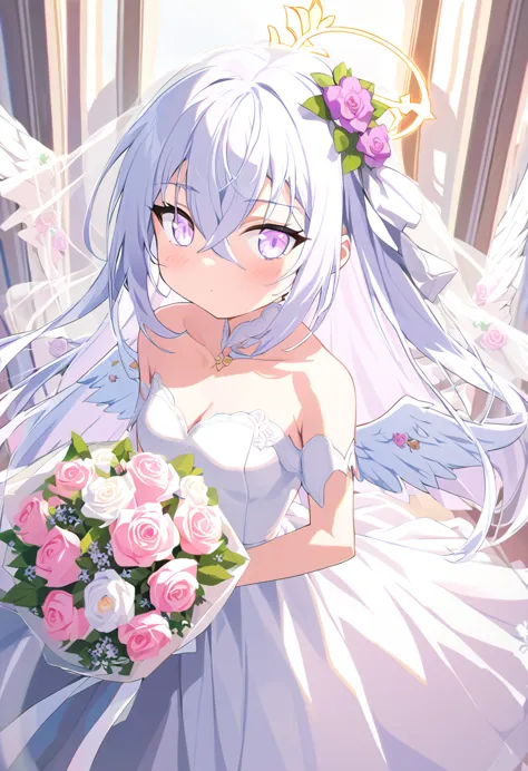 azusa \(blue archive\),addxl, 1girl 1other alternate_costume angel_wings bare_shoulders blush bouquet breasts bridal_veil bride ...