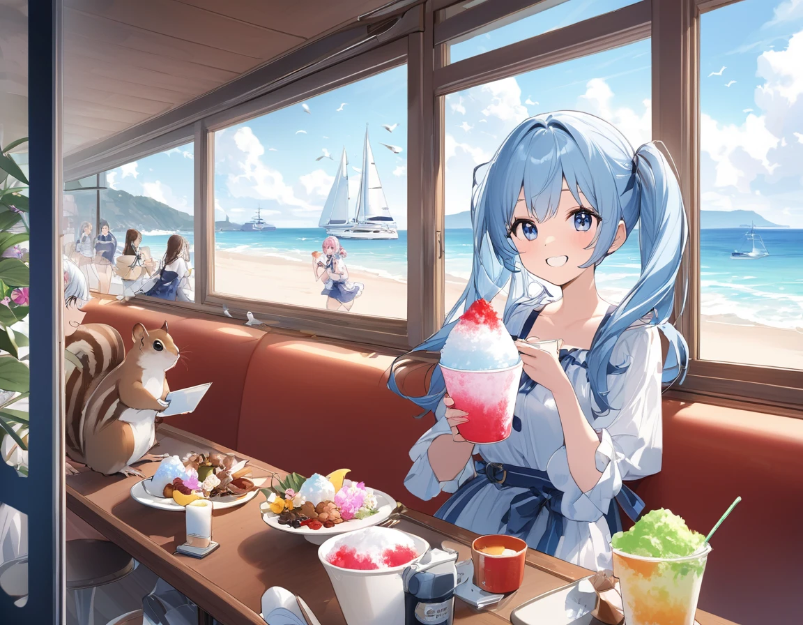 Café en bord de mer、Cheveux longs bleu clair、belle fille avec des queues jumelles、Manger de la glace pilée avec délectation、Un café décoré de nombreuses fleurs d&#39;orchidées、Belle fille avec un sourire éclatant、Un écureuil observe depuis la fenêtre、Des yachts flottent sur la mer et des mouettes volent.