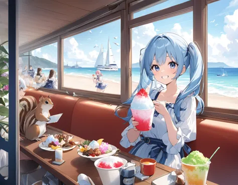 Seaside Cafe、Light blue long hair、Beautiful girl with twin tails、Eating shaved ice with relish、A cafe decorated with lots of orc...
