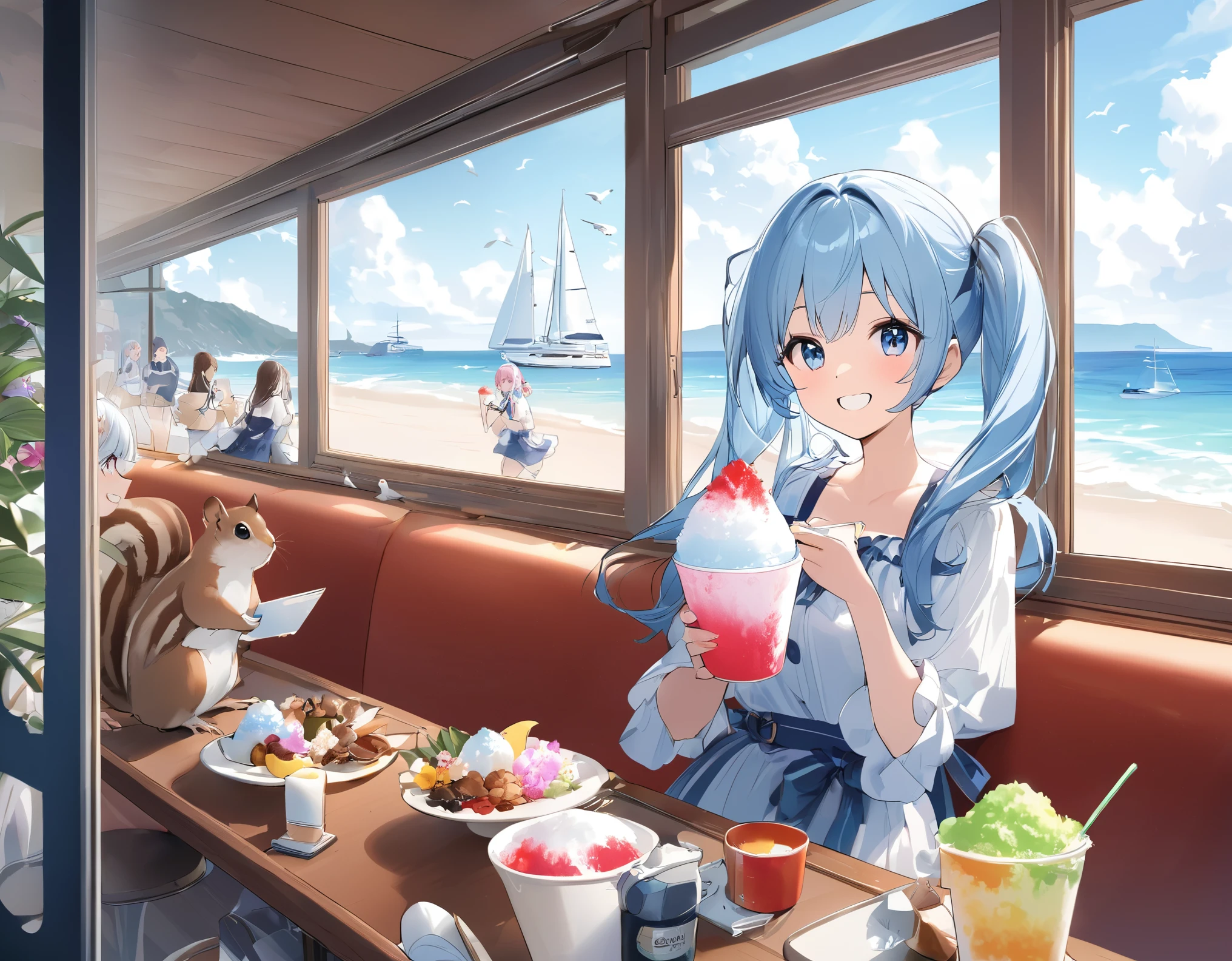 Seaside Cafe、Light blue long hair、Beautiful girl with twin tails、Eating shaved ice with relish、A cafe decorated with lots of orchid flowers、Beautiful girl with a bright smile、A squirrel is watching from the window、Yachts float on the sea and seagulls fly.