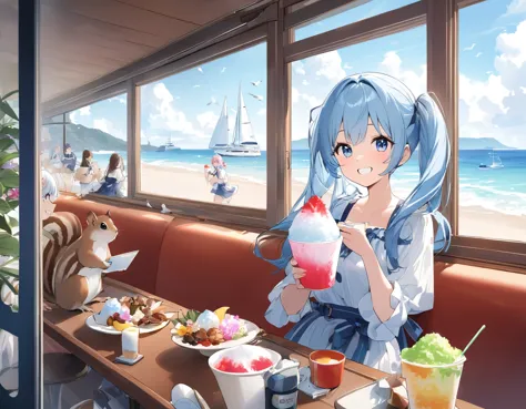 seaside cafe、light blue long hair、beautiful girl with twin tails、eating shaved ice with relish、a cafe decorated with lots of orc...