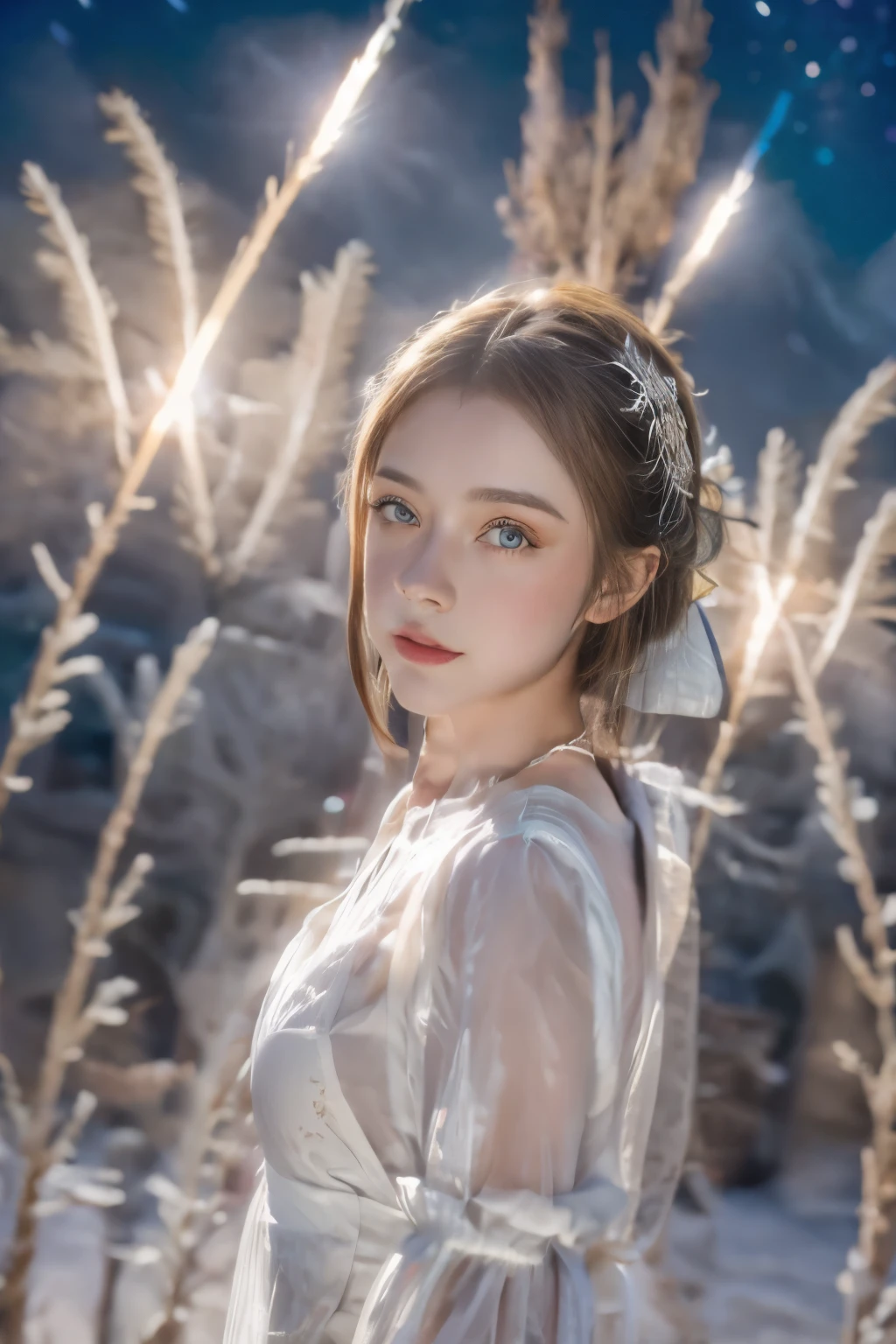 1girl,breasts,solo,long hair,blue eyes,see-through white dress,looking at viewer,hair ornament,dynamic angle,cool posing,lights and stars sky,