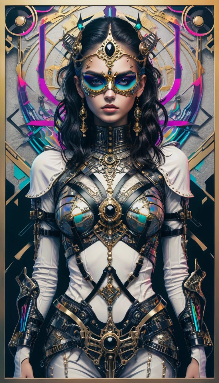 tarot card, chiaroscuro technique on sensual illustration of an queen of sword, a teenage fashion model wearing an exo-skeleton mask, vibrant colors, futuristic cyberpunk style, intricate details, cinematic lighting, dramatic pose, an elegant complex bio mechanical onyx and gold, intricate details, official art, unity 8k wallpaper, ultra detailed, beautiful and aesthetic, beautiful, masterpiece, best quality, the most beautiful form of chaos, elegant, a brutalist designed, vivid colours, romanticism, atmospheric