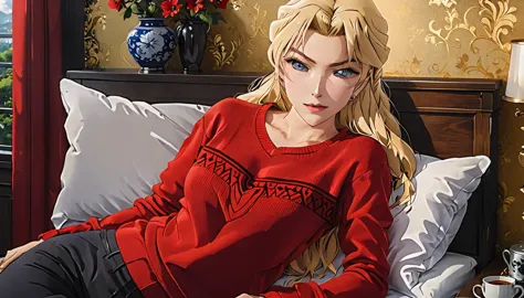 (masterpiece, best quality:1.5), ((Extremely detailed)), high resolution，Anime style，（Beautiful blonde woman, lying on the bed, ...