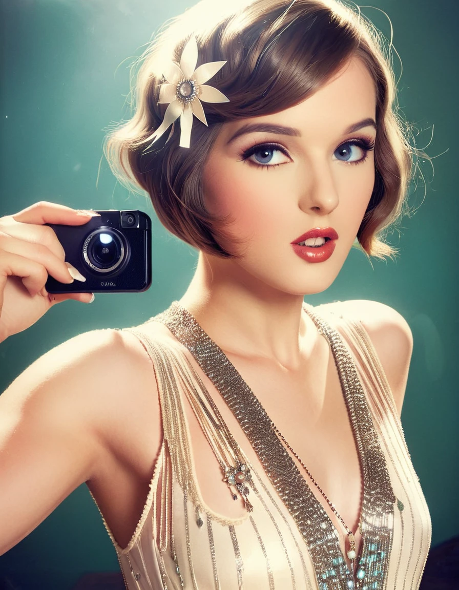 Vintage Flapper Selbstporträt: Lassen Sie einen modernen Flapper ein Selfie machen, das den Geist der 1920er Jahre verkörpert, Verwenden Sie Filter und Effekte, um einen Hauch von Nostalgie hinzuzufügen