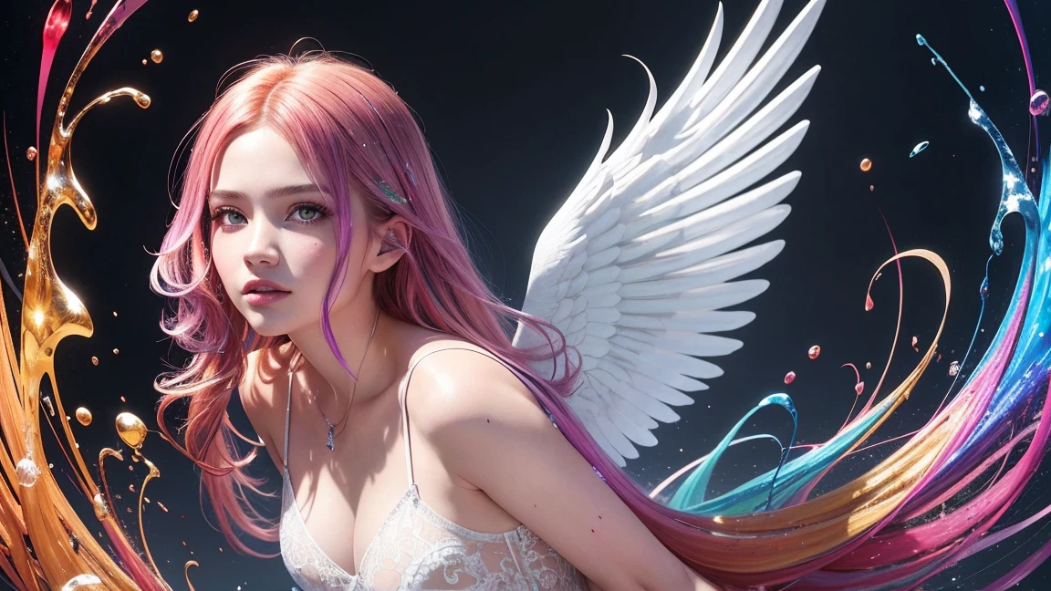 8k, RAW photo of beautiful angel, realistic, photo-realistic, hyper-realistic, highest quality, best quality, masterpiece, highly detailed beautiful angel's wings, absurdres,
masterpiece, best quality, (extremely detailed CG unity 8k wallpaper, masterpiece, best quality, ultra-detailed, best shadow), (detailed background), (beautiful detailed face, beautiful detailed eyes), High contrast, (best illumination), 1angel, Australian, multicolored hair, beautiful, ((colorful paint splashes on transparent background, )), ((caustic)), dynamic angle, beautiful detailed glow,