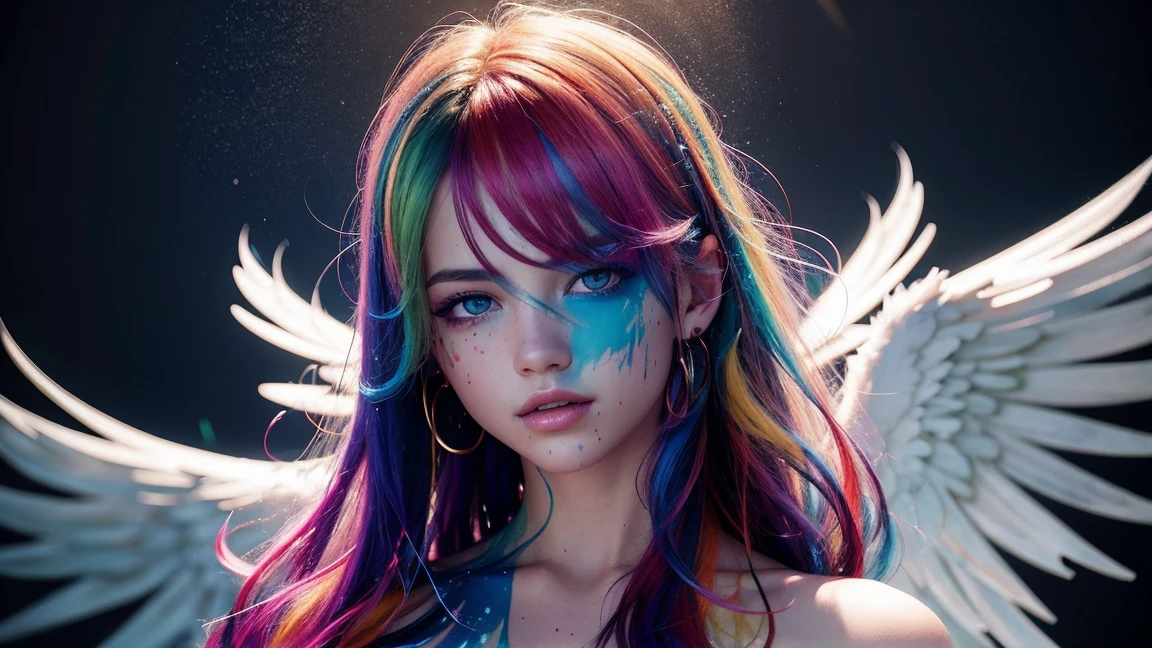 8k, RAW photo of beautiful angel, realistic, photo-realistic, hyper-realistic, highest quality, best quality, masterpiece, highly detailed beautiful angel's wings, absurdres,
masterpiece, best quality, (extremely detailed CG unity 8k wallpaper, masterpiece, best quality, ultra-detailed, best shadow), (detailed background), (beautiful detailed face, beautiful detailed eyes), High contrast, (best illumination), 1angel, Australian, multicolored hair, beautiful, ((colorful paint splashes on transparent background, )), ((caustic)), dynamic angle, beautiful detailed glow,