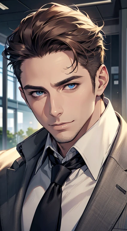 (best quality,4k,8k,highres,masterpiece:1.2),ultra-detailed,(realistic,photorealistic,photo-realistic:1.37),1 man,31 years old,mature man,very handsome,without expression,smile,short grey brown hair,blue eyes,penetrating gaze,perfect face without errors,imposing posture,businessman,office background,cinematic lighting,hdr image