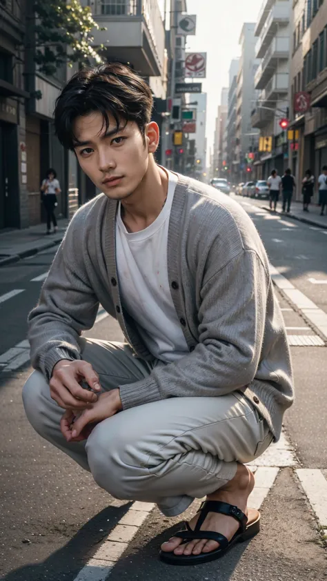 In this fascinating photo、A handsome 35-year-old Korean man with a beam、He is wearing a white shirt, a black cardigan, grey swea...