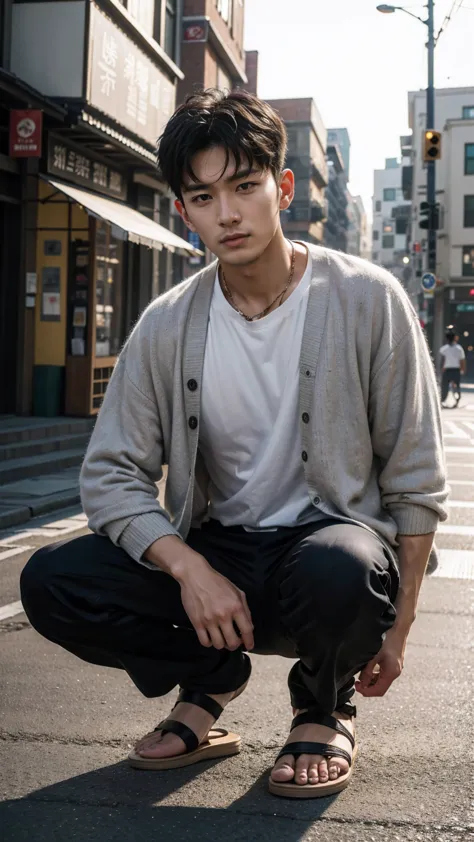 In this fascinating photo、A handsome 35-year-old Korean man with a beam、He is wearing a white shirt, a black cardigan, grey swea...