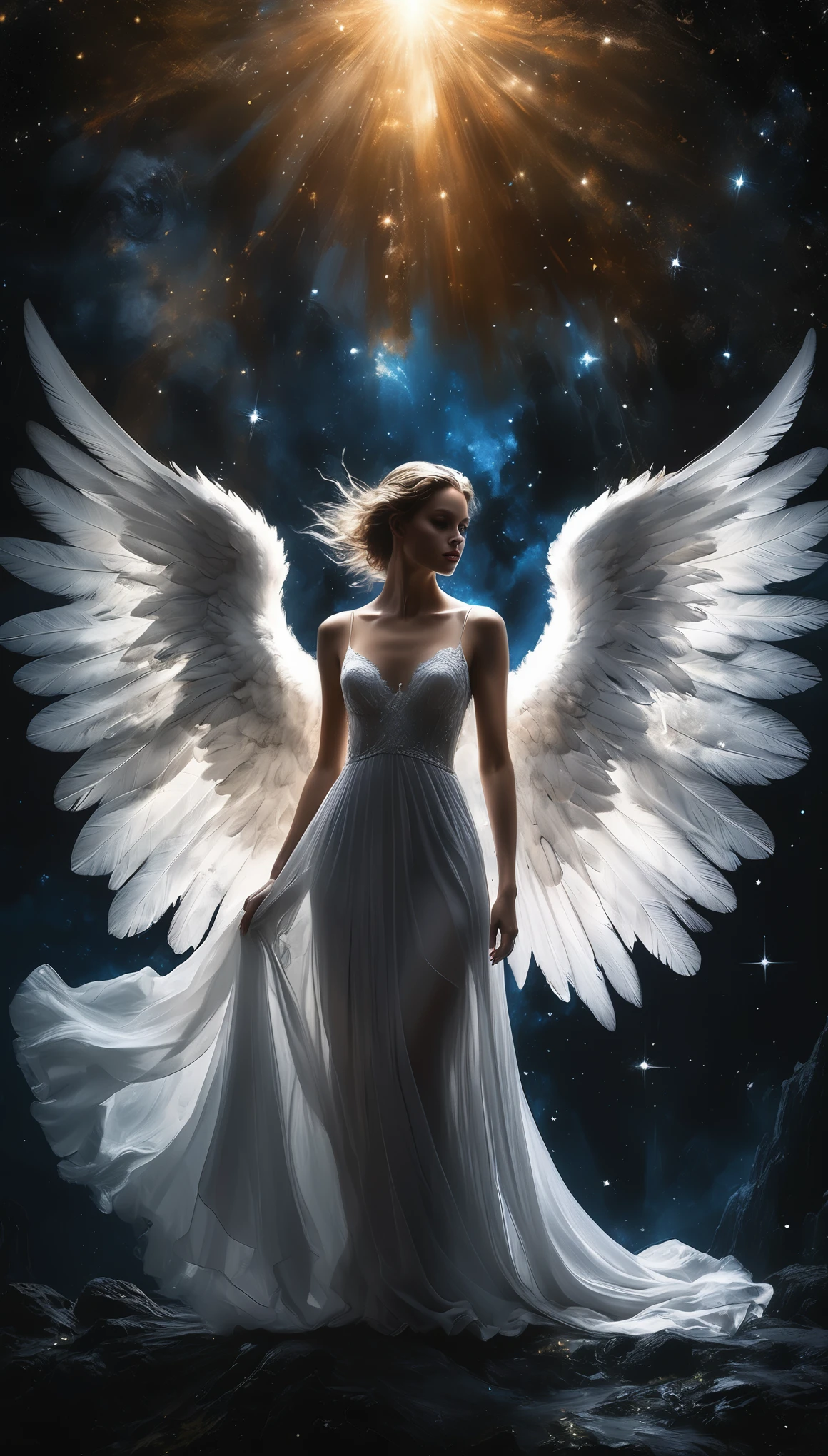a beautiful angel with large wings, full body, mystical fairy tale, deep space sky, black and white, Jeremy Mann style, Louis Icart style, Valentin Serov style, Makoto Kobayashi style, Karol Buck style, (best quality,4k,8k,highres,masterpiece:1.2),ultra-detailed,(realistic,photorealistic,photo-realistic:1.37),HDR,UHD,studio lighting,ultra-fine painting,sharp focus,physically-based rendering,extreme detail description,professional,vivid colors,bokeh