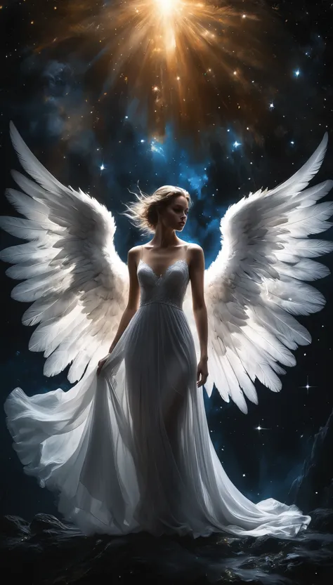 a beautiful angel with large wings, full body, mystical fairy tale, deep space sky, black and white, Jeremy Mann style, Louis Ic...