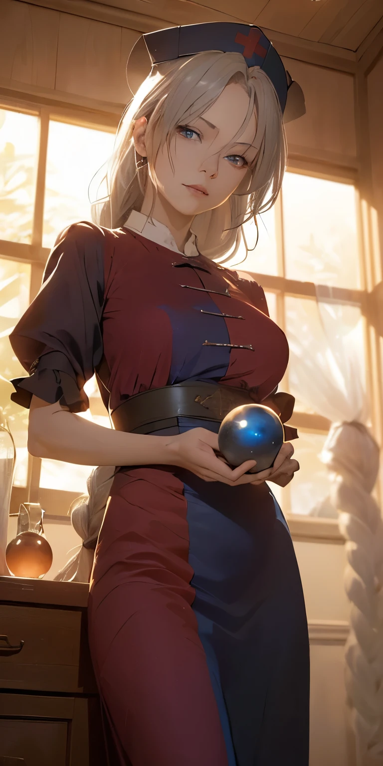 (masterpiece, Highest quality:1.3), (Dynamic Angle:1.3), Eight Yi Yonglin, touhou series, Perfect Face, Expressive eyes, 1 Female, View your viewers, 38 years old, Gorgeous body, Large Breasts, beautiful, anime, roller,1 Female, Silver Hair, Braid, Nurse cap, Red and blue clothes, Long skirt, (Evil look, Looking down at the viewer:1.5), (Cinema Lighting, Realistic, dream-like, Enchanting atmosphere:1.5), (A photo of a woman in a bright and mysterious environment:1.3), (A woman surrounded by an aura of mystery and intrigue:1.3), (Stand on the field, cloud, sunrise:1.3), (Nearby crystal balls, exuding a mysterious atmosphere:1.3), (The smell of incense floating in the air, Enhance the sensory experience:1.3), 