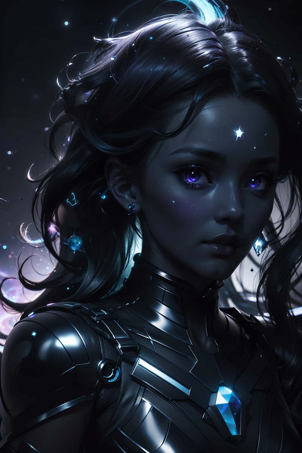 ((This is a dark masterpiece with deep shadows.)) Generate a dark feminine divine being with ((pure black Galaxy skin)). of her face is onyx black but still detailed and stunning. (of her face is important and has realistic shading and puffy lips). of her (opaque) the eyes are luminous and sparkling in shades of purple and blue. This image is eye-catching with dynamic composition and energetic poses. Include lots of costume details, like protrusions, ghostly iridescence, sheen, Galaxy, kosmos, ((dark heavenly skin body, empty cosmic body)), (((darkness background))), (((lights off))), (((dark hollywood))), horor, dramatic shadows, (in a dark fantasy space:1.3, sheen, Glow Up, Glow Up)
