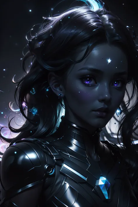 ((This is a dark masterpiece with deep shadows.)) Generate a dark feminine divine being with ((pure black Galaxy skin)). of her ...
