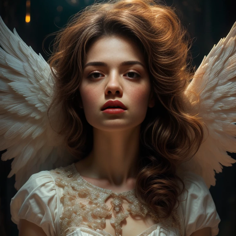 (ángel, beautiful ángel, Chica con alas blancas, muy detallado, Fotorrealista, 8k, Híper realista, detalles intrincados, piel brillante, expresión serena, vestido blanco fluido, iluminación dramática, tonos de colores cálidos, composición cinematográfica, etéreo, celestial, divino, celestial)