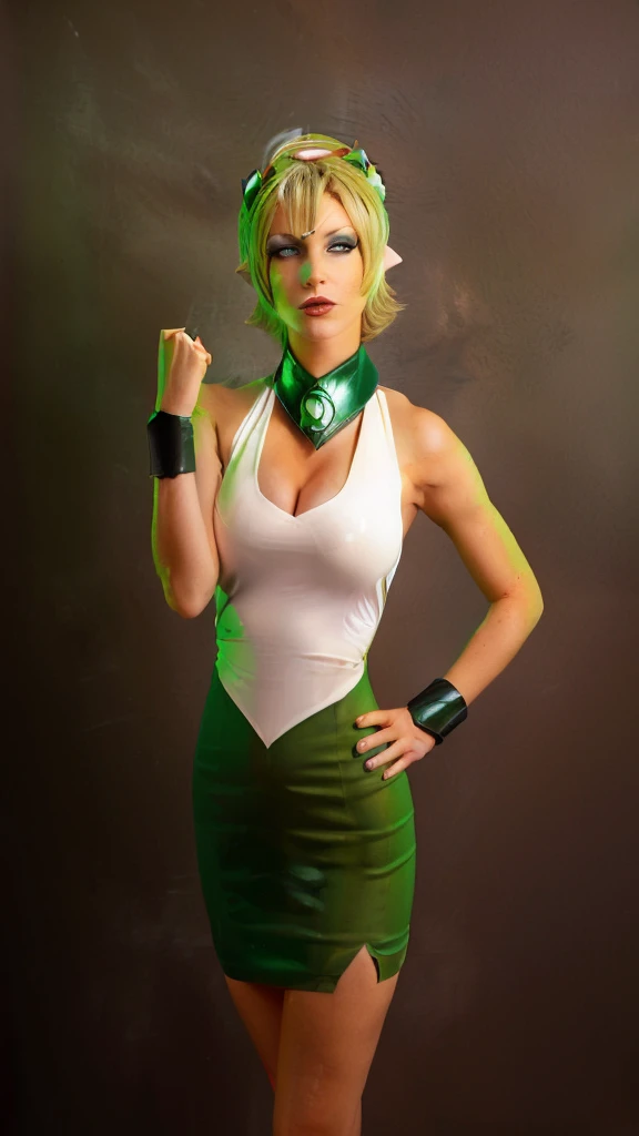 Mujer rubia vestida de verde y blanco posando para una foto., tatsumaki de LINTERNA VERDE , Arisia Rab, ((Orejas puntiagudas))
 cosplay
