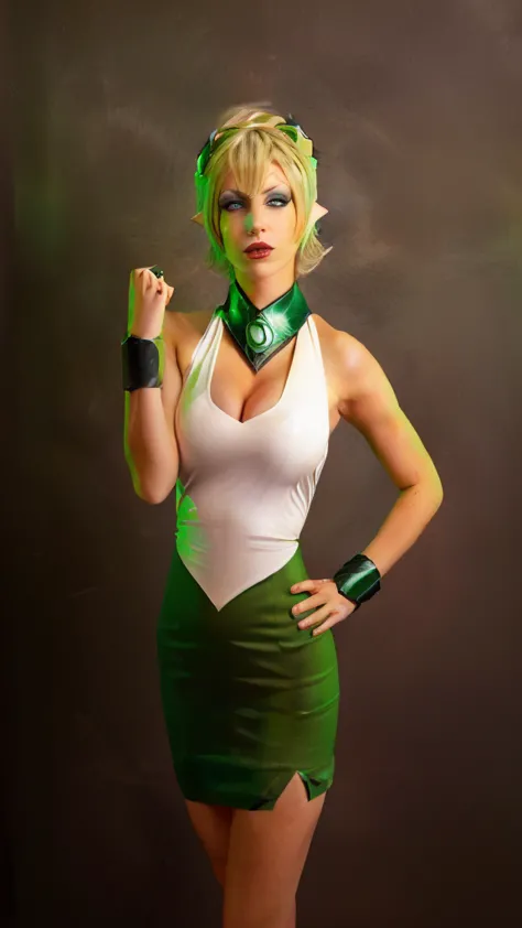 blond woman in green and white outfit posing for a picture, tatsumaki from GREEN LANTERN , Arisia Rrab, ((pointed ears))
 cospla...