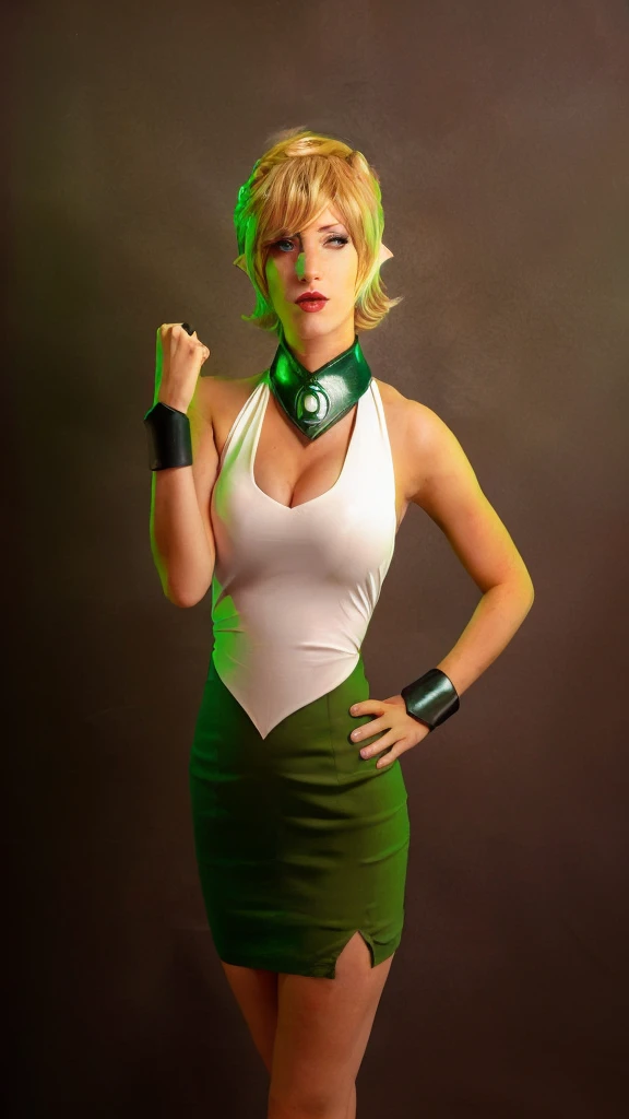 blond woman in green and white outfit posing for a picture, tatsumaki from GREEN LANTERN , Arisia Rrab, ((pointed ears))
 cosplay
