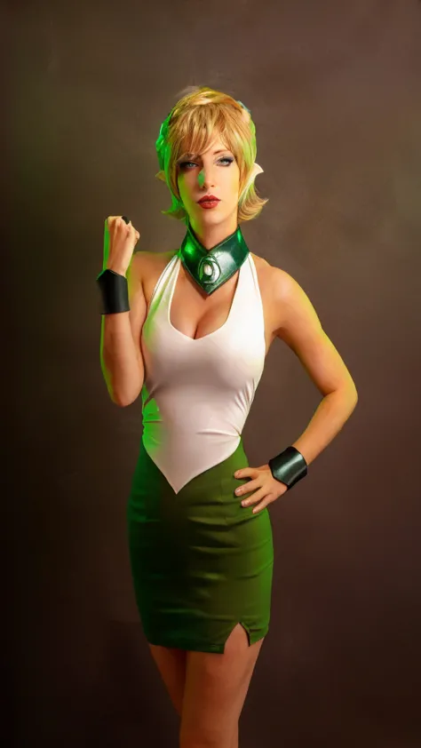 blond woman in green and white outfit posing for a picture, tatsumaki from GREEN LANTERN , Arisia Rrab, ((pointed ears))
 cospla...