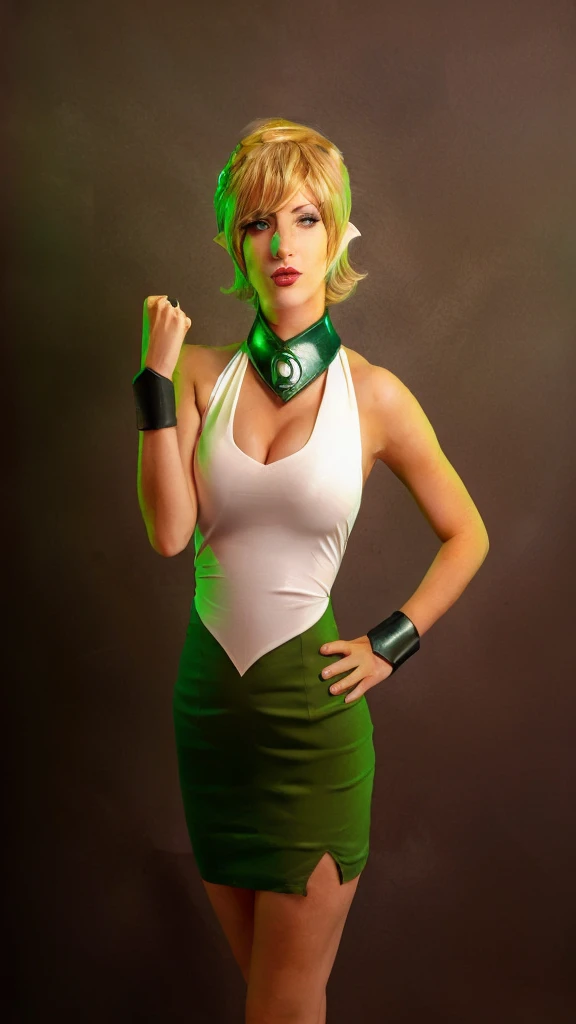 mulher loira com roupa verde e branca posando para uma foto, tatsumaki de LANTERNA VERDE , Arisia Rrab, ((orelhas pontudas))
 cosplay
