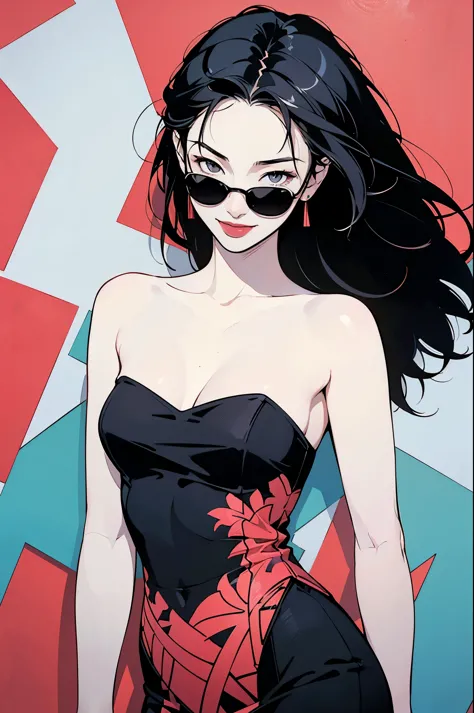 flat illustration artwork, ((maggie cheung)) in a strapless dress standing in front of simple background, up close, wear dark su...