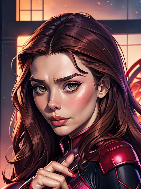 ((Highest quality)), ((masterpiece)), (Familiar), ((Elizabeth Olsen)), ((Scarlet Witch)), Perfect Face、detailed、(Accurate hand a...