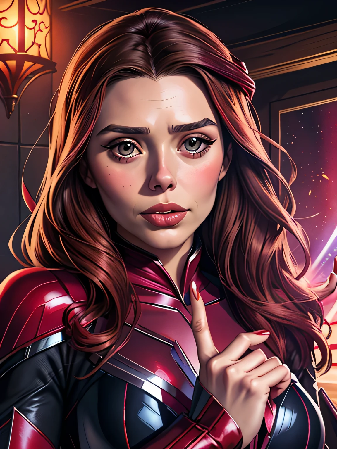 ((Highest quality)), ((masterpiece)), (Familiar), ((Elizabeth Olsen)), ((Scarlet Witch)), Perfect Face、detailed、(Accurate hand and finger depiction)、(Accurate lip drawing)、(Accurate tongue depiction)、 Scarlet witch woman、Beautiful nails、Black nail polish、 (I&#39;m crawling on my stomach:1.5)、Browsing Caution, Vaginal intercourse, Dorsal position, Real Vagina, Anal Sex, Real Anal, (Crying face:1.4)、Half an eye、blush、Open your mouth、(sweating:1.1)、Voluptuous body、Large Breasts、Tight waist、Big Ass、Fascinating、glamorous、Cinematic, (Complex:1.4), Low contrast、Side lighting, Best Shadow, (View from the front)、(In the deep dark forest)、(Autumn leaves on tree々Surrounded by)、(The ground is covered with leaves and tree roots..)、(vapor:1.3)、Browsing Caution, penis、(With projectile:1.4), (Excessive ejaculation:1.5)、((2penis:1.2)), (2. The penis grows out of the ground.1.3)