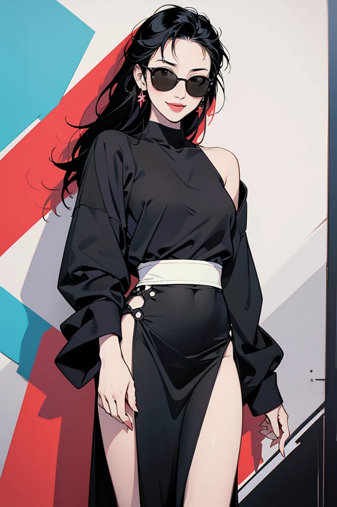 Flat Illustration artwork, ((Maggie cheung)) in a strapless dress standing in front of simple background, up close, wear dark sunglasses, korean pop-star, big smile, black hair, pretty hands, fringe, simple red background, palm trees, (graffiti wall:1.2), ((Art style by Patrick Nagel)), ((8k, wallpaper, detailed)), strong, courageous, art by Patrick Nagel, music album art cover