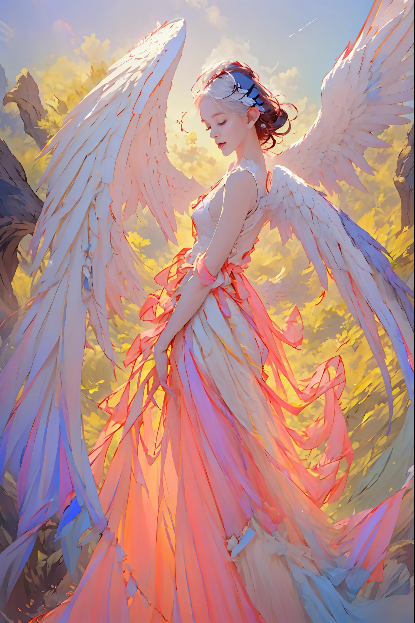 plano general, whole body, Holy, winged white elves, long ear, white wings on the back, Mythology, mystic, idyllic, shining, The whole body is in the frame., Against the background of the colored sky, photo and gross, Hyper realistic, remote, product view, art station trends, super high quality, digital art, Delicate and delicate, 4k, soft lighting, Dreamer, ethereal, Representation of the unreal engine, 8K uhd, HDR, high quality, ultra detailed, film grain.
