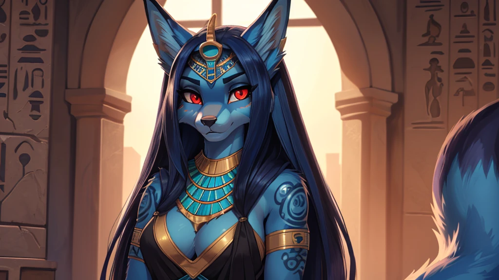 Highres adolescente, zorra add_details:1, furry, dark blue skin with aqua blue, hairy,Anubis, egyptian goddess, arabic clothing(high tail reveal, Fox tail,long hair normal bust, blue tattoos, Red eyes, realistic pupils add_detailsl:1, High Definition, long blue tail, blue fur