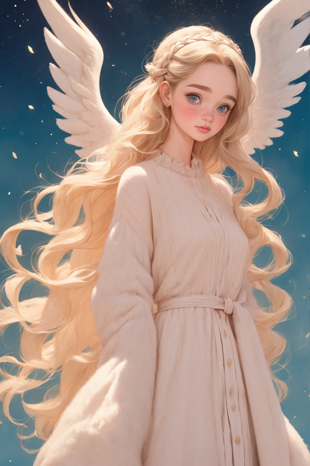 Emilia Clarke, angel big white wings, by rubio, long braided hair,(8k, Best Quality, Masterpiece:1.2),(Best Quality:1.0), (ultra high resolution:1.0), watercolor, A pretty woman, shoulder, hair bands, by agnes cecile, whole body, extremely bright shiny design, pastel colors, Masterpiece, (Best Quality:1.2), [:intricate details:0.2], 1 girl, angel, angel wings, white ruffles, (daytime sky), bright aura, intense concentration, crackling energy, mysterious symbols, bright specks,