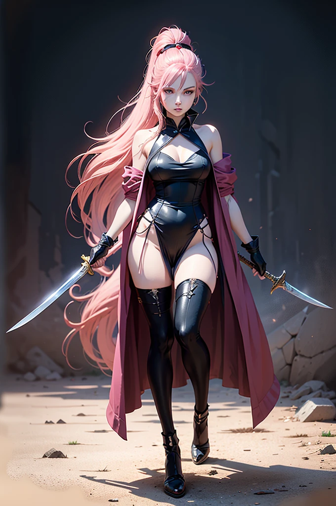 an anime girl with an ultra long pink hair and a pink outfit, holding a sword, 1girl, solo, long hair, pink hair, looking at viewer, ponytail, gloves, full body, black gloves