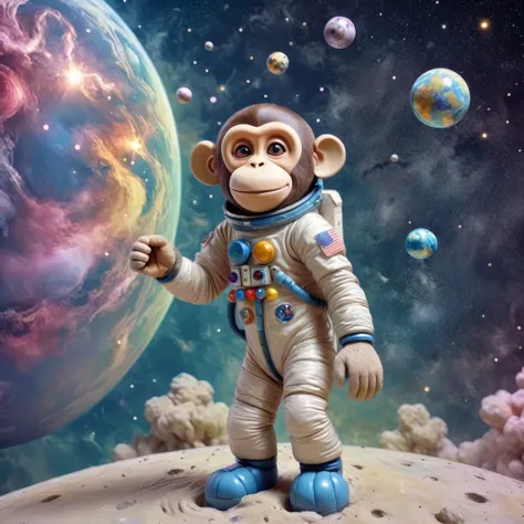 anime, drawing of a monkey astronaut floating in space, in a vintage space suit with a serene expression. the background feature...