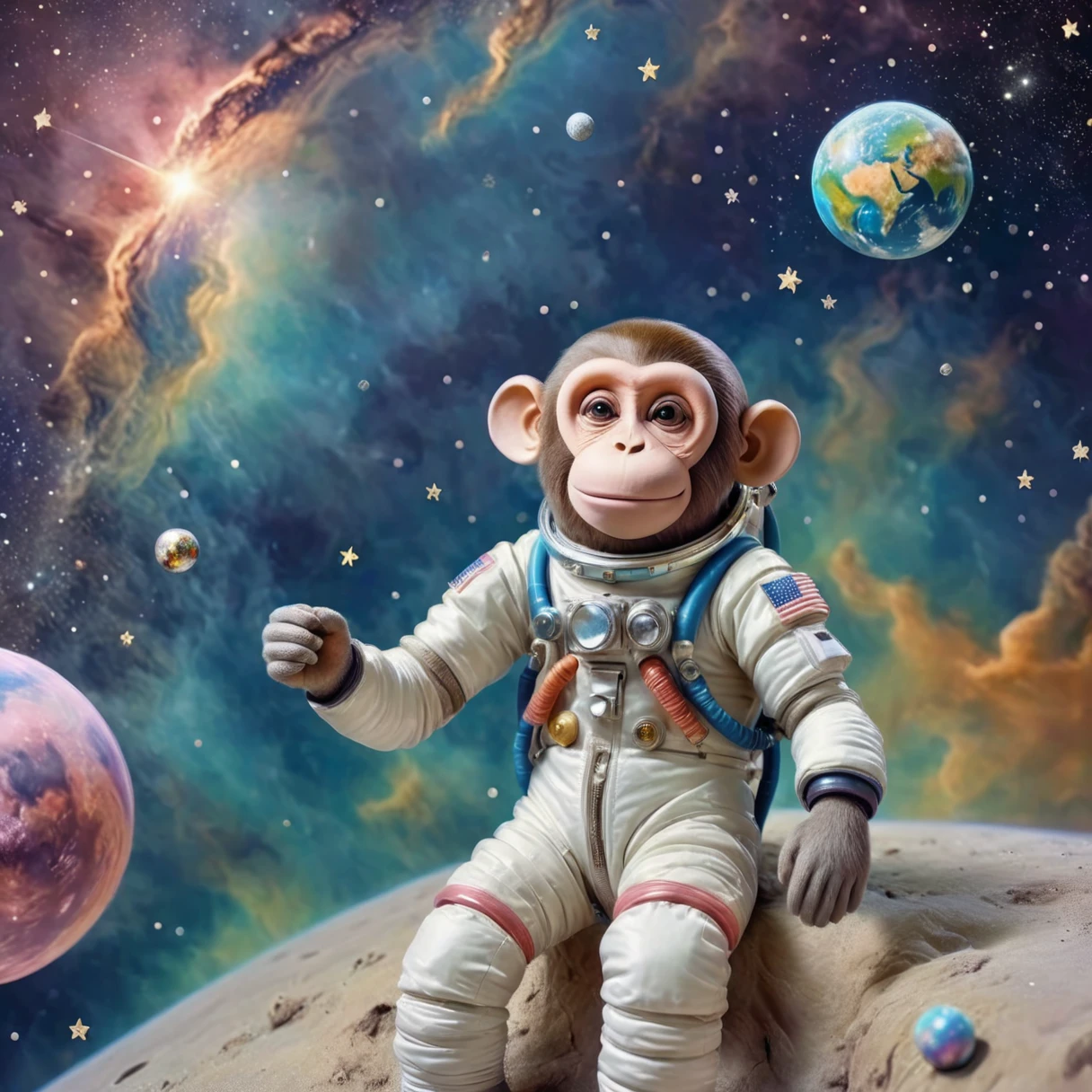 Anime, Drawing of a monkey astronaut floating in space, in a vintage space suit with a serene expression. The background features a starry sky with colorful nebulas and Earth in the distance. The scene should have a soft, peaceful tone with pastel colors and gentle lighting, evoking tranquility and introspection. Include small twinkling stars, planets, and soft meteors to enhance the relaxing, dreamy atmosphere.