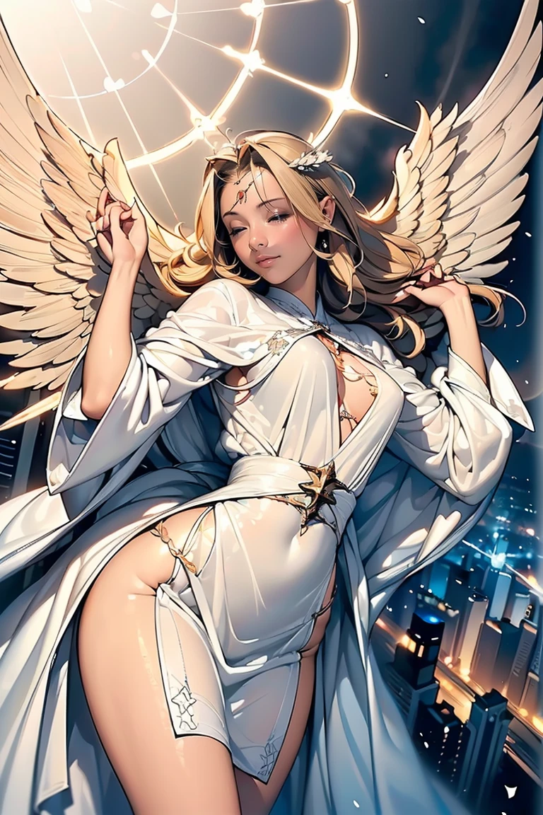 (masterpiece,top quality,high quality)), ((8K wallpaper unified with high definition CG)), (huge stunning goddess shot, jaw dropping beauty, perfect proportions, beautiful body, slim body beauty:1.1), (((Thirteen angels appear in the pre-dawn sky))), ((beautiful blond hair and thin long robes fluttering:1.4)), (Circle of Angels, angel halo), (rings of light above their heads, large wings of light on their backs:1.5), (each of them holding a weapon in her hand and looking down on the city from above), view from below,