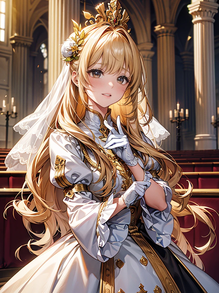 In front of the altar of a majestic church、（blurred background）、brighter light、golden long hair girl、classic white wedding dress、（elegant luster）、（lots of races）、lots of ribbons、((voluminous puff sleeves))、long cuffs with many buttons、golden embroidery、long train、White embroidered gloves、five fingers、laughter、redness of cheeks