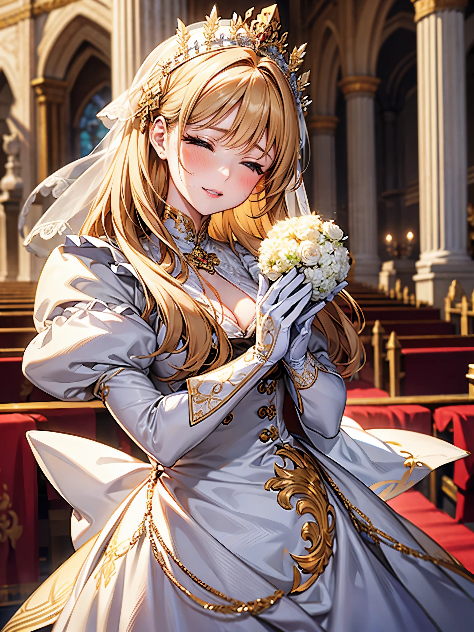 In front of the altar of a majestic church、（blurred background）、brighter light、golden long hair girl、classic white wedding dress、（elegant luster）、（lots of races）、lots of ribbons、((voluminous puff sleeves))、long cuffs with many buttons、golden embroidery、long train、White embroidered gloves、five fingers、laughter、redness of cheeks