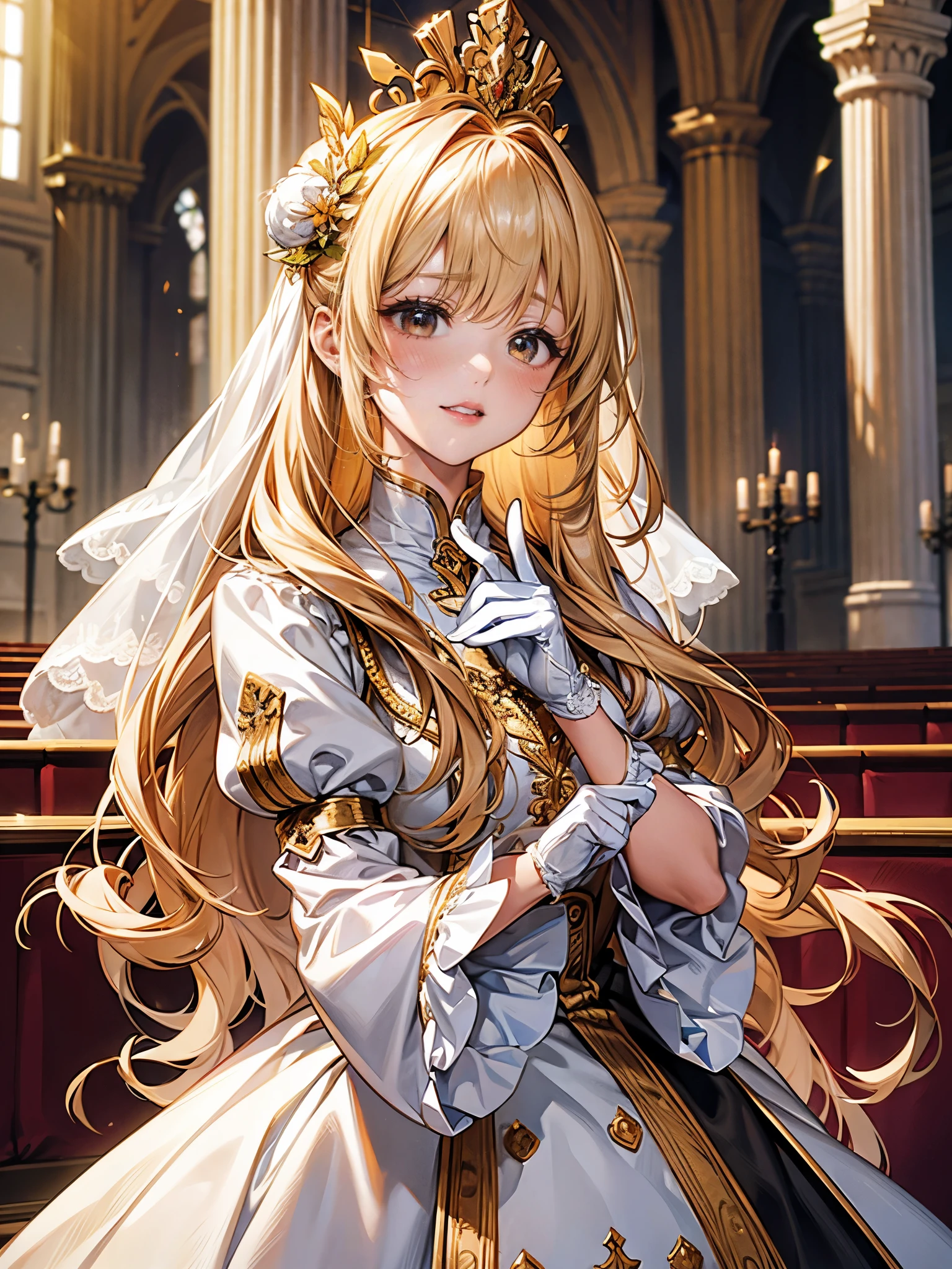 In front of the altar of a majestic church、（blurred background）、brighter light、golden long hair girl、classic white wedding dress、（elegant luster）、（lots of races）、lots of ribbons、((voluminous puff sleeves))、long cuffs with many buttons、golden embroidery、long train、White embroidered gloves、five fingers、laughter、redness of cheeks