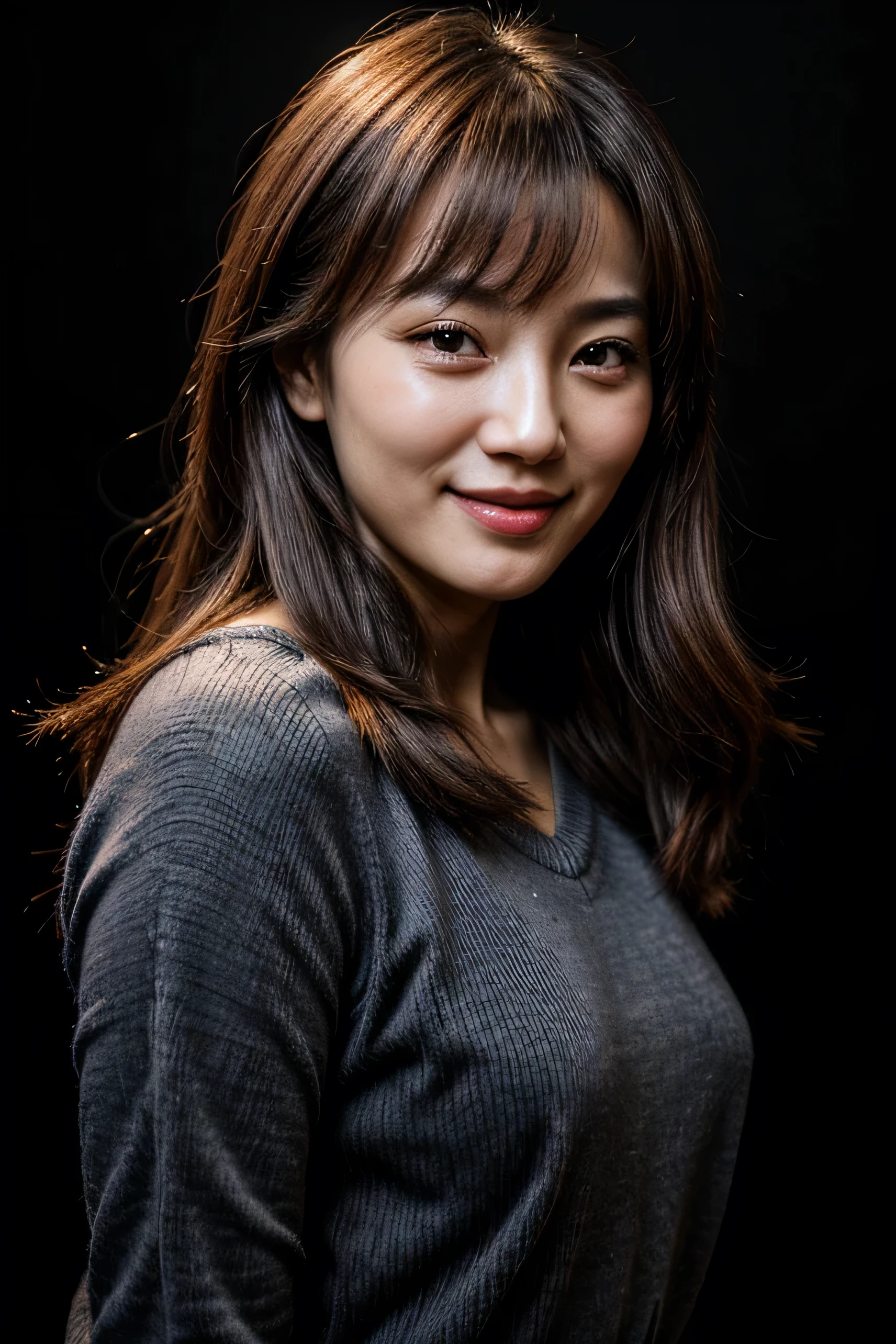 cara perfecta, Bello rostro de una mujer coreana de 30 años., sonriendo hermoso, con fondo negro 