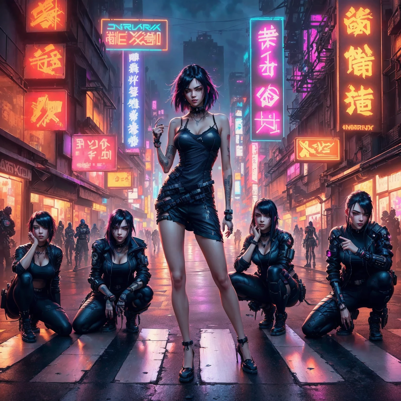 arafed image of a woman in a black top and shorts standing in a crowded street, cyberpunk vibe, cyberpunk vibes, cyberpunk art style, cyberpunk girl, urban girl fanart, artwork in the style of guweiz, beautiful digital artwork, stylized urban fantasy artwork, deviantart artstation cgscosiety, in cyberpunk city, trending on cgstation