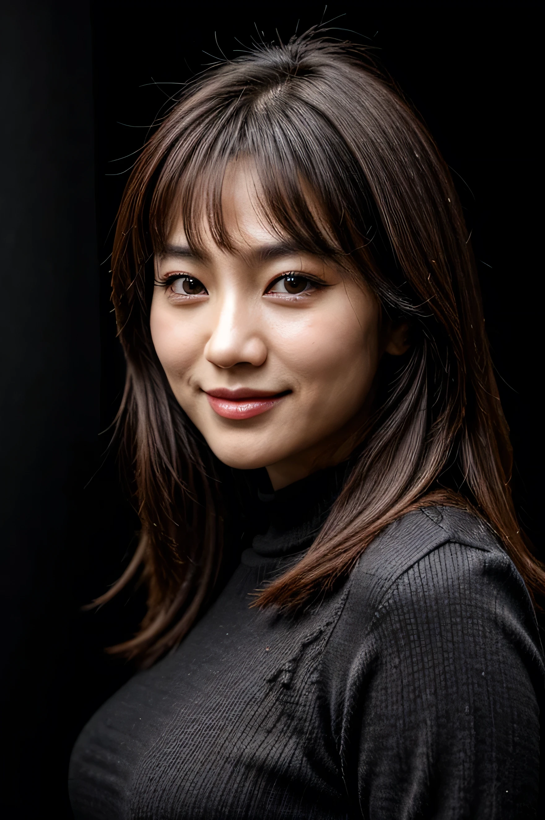 rosto perfeito, lindo rosto de uma mulher coreana de 30 anos, SORRINDO lindo, com fundo preto 
