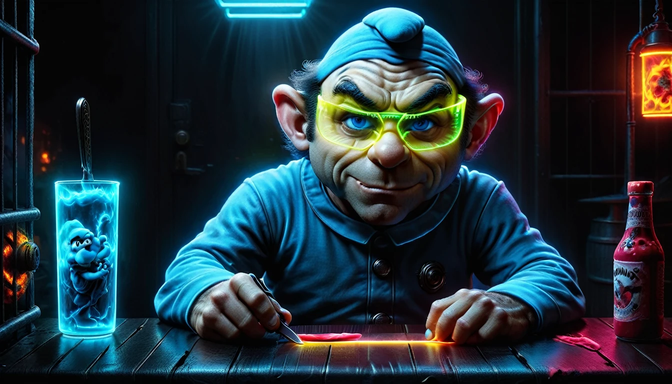 create an image demonstrating the style of ((Gargamel Smurf wears glowing neon glasses: 1.44)), ((neon lighting)), hyperrealism, 8K high resolution, vivid colors, sharp focus, ((Extremely detailed horror scene, ((Gargamel Smurf sits at the table )) holds a shiny, bloody knife in his hand)), ((on the table, in the background ((small Smurf)) in steel cages))