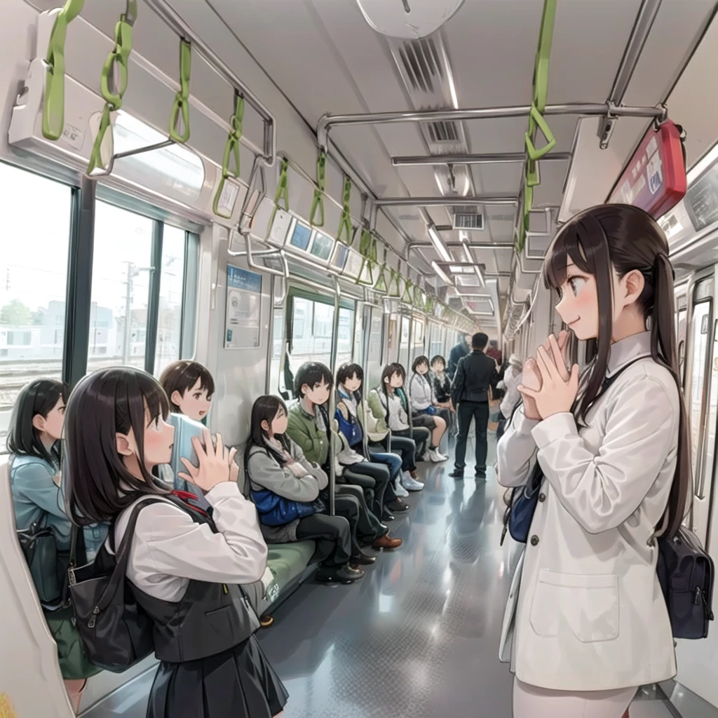 Highest quality, Very detailed, shape,
Multiple Girls, Small breasts , Black Hair, Glasses, school bag, smile, Laughter, View your audience, Crowded train、たくさんのFemale student、１male、A male stands behind a womale、A male is touching a womale's ass、
e235, Inside the train, scenery, Sheet, window, screen, Realistic, photograph background, photograph (Moderate), photographRealistic, close、maleたちに囲まれて１Female student
 