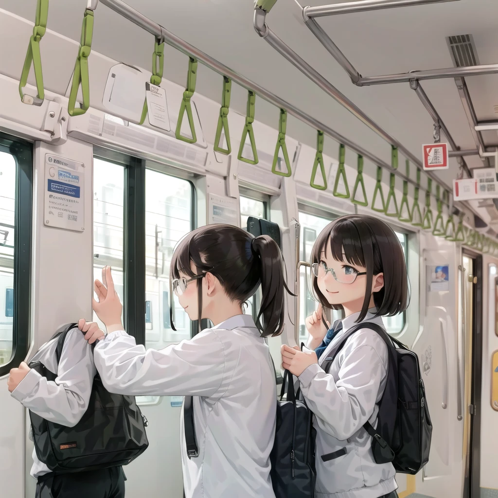 Highest quality, Very detailed, shape,
Multiple Girls, Small breasts , Black Hair, Glasses, school bag, smile, Laughter, View your audience, Crowded train、たくさんのFemale student、１male、A male stands behind a womale、A male is touching a womale's ass、
e235, Inside the train, scenery, Sheet, window, screen, Realistic, photograph background, photograph (Moderate), photographRealistic, close、maleたちに囲まれて１Female student
 