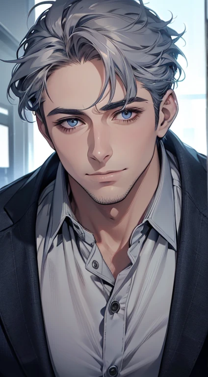 (best quality,4k,8k,highres,masterpiece:1.2),ultra-detailed,(realistic,photorealistic,photo-realistic:1.37),1 man,31 years old,mature man,very handsome,without expression,smile,short grey blue hair,blue eyes,penetrating gaze,perfect face without errors,imposing posture,businessman,office background,cinematic lighting,hdr image