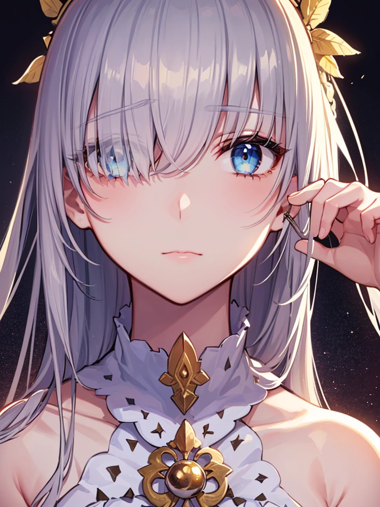 (((Face close-up))),(((No background))),(Expressionless),((((Portrait of a woman alone)))))),((White Bikini)),(()),((Exposed shoulders)),Anime art style,masterpiece,(Highest quality), (Super Details),(Very delicate and beautiful),(alone),(Detailed face and eyes),Beautiful eyes like jewels,(A truly gorgeous jeweled ruffled rococo ball gown dress),(((Mature Woman,Queen))),fgo,Anastasia, Anastasia, blue eyes, Grey Hair, Hair between the eyes, (Hair on one eye:1.5), Long Hair, bangs, break blue Cape, brown hair band, Cape, dress, Fur trim, hair band, Royal Robes, sash, tachi-e, white dress, Wide sleeves, break looking at viewer, break indoors, break (masterpiece:1.2), Highest quality, High resolution, unity 8k wallpaper, (figure:0.8), (Beautiful attention to detail:1.6), Highly detailed face, Perfect lighting, Highly detailed CG, (Perfect hands, Perfect Anatomy),