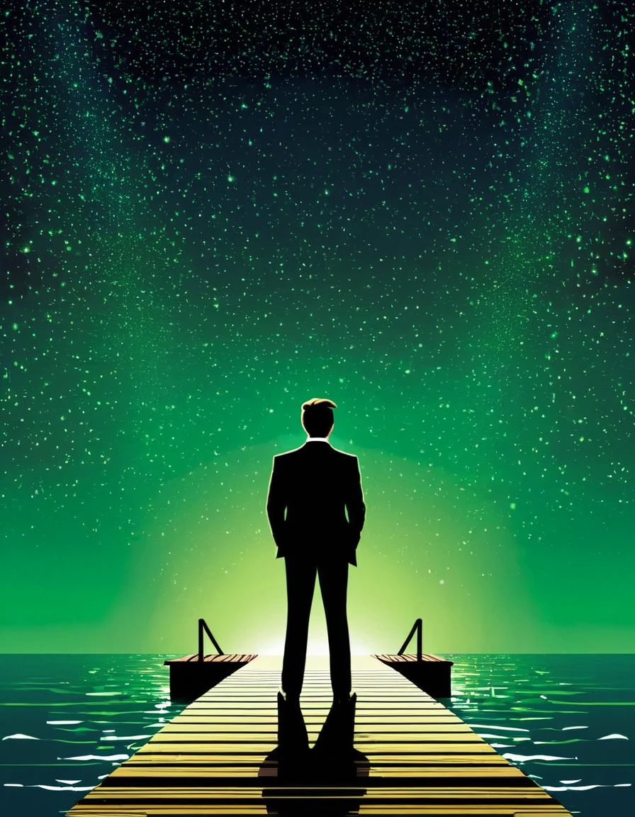 Create an image that visually represents the quote "Gatsby believed in the green light, the orgastic future that year by year recedes before us" from the book "The Great Gatsby" by F. Scott Fitzgerald.

The image should feature a silhouette of Jay Gatsby standing on a dock, gazing across a body of water toward a distant, glowing green light. The light should appear to be receding further into the distance, symbolizing the elusive nature of Gatsby's dreams and desires. This visual representation should capture the sense of longing and unattainable aspirations that are central to the novel's themes.