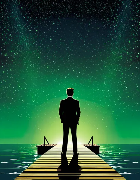 Create an image that visually represents the quote "Gatsby believed in the green light, the orgastic future that year by year re...